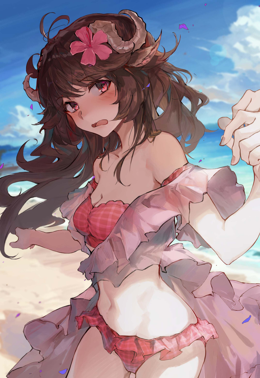 absurdres animal_ears arknights bare_shoulders beach bikini blue_sky blush brown_hair clouds eyebrows_visible_through_hair eyjafjalla_(arknights) eyjafjalla_(summer_flowers)_(arknights) flower hair_flower hair_ornament highres horns long_hair looking_at_viewer navel off-shoulder_bikini off_shoulder official_alternate_costume pink_bikini pink_flower pink_swimsuit plaid plaid_bikini qingfeng_canying red_eyes sheep_ears sheep_girl sheep_horns sky swimsuit