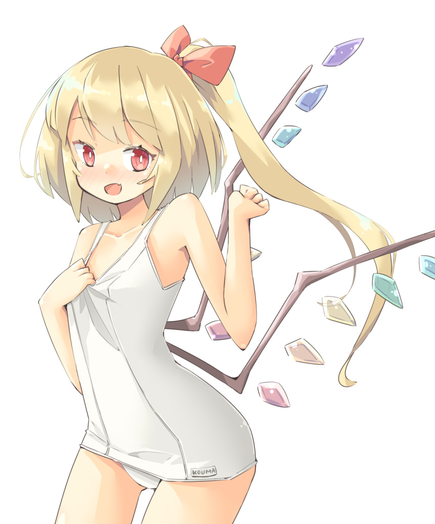 1girl adjusting_clothes adjusting_swimsuit alternate_hair_length alternate_hairstyle arnest bangs blonde_hair blush bow collarbone crystal eyebrows_visible_through_hair fang flandre_scarlet hair_bow highres looking_at_viewer one_side_up open_mouth red_bow red_eyes school_swimsuit smile swimsuit thighs touhou white_background white_swimsuit wings