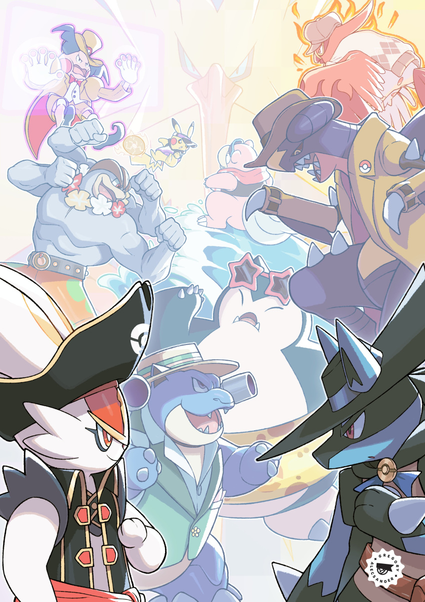 ^_^ absurdres black_coat black_headwear blastoise bow bowtie bright_pupils buttons cinderace closed_eyes closed_mouth clothed_pokemon coat commentary eye_contact fangs garchomp green_vest gregory_alecsander hat hatted_pokemon highres long_sleeves looking_at_another looking_up lucario machamp mr._mime muscular open_clothes open_coat open_mouth pikachu pokemon pokemon_(creature) pokemon_(game) pokemon_unite sash sharp_teeth shirt slowbro smile snorlax spikes star-shaped_eyewear tailcoat talonflame teeth tongue top_hat vest white_pupils white_shirt zapdos
