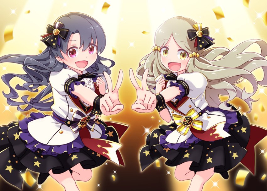 2girls :d bangs black_footwear black_hair black_skirt black_vest blurry blurry_background boots brown_eyes center_frills commentary_request confetti depth_of_field eyebrows_visible_through_hair feet_out_of_frame frills grey_hair hair_between_eyes hair_ornament handa_roko highres idolmaster idolmaster_million_live! idolmaster_million_live!_theater_days jacket multiple_girls open_mouth outstretched_arm parted_bangs pleated_skirt puffy_short_sleeves puffy_sleeves sansei_rain shirt short_sleeves skirt smile standing standing_on_one_leg star_(symbol) star_hair_ornament takayama_sayoko v vest violet_eyes white_jacket white_shirt wrist_cuffs