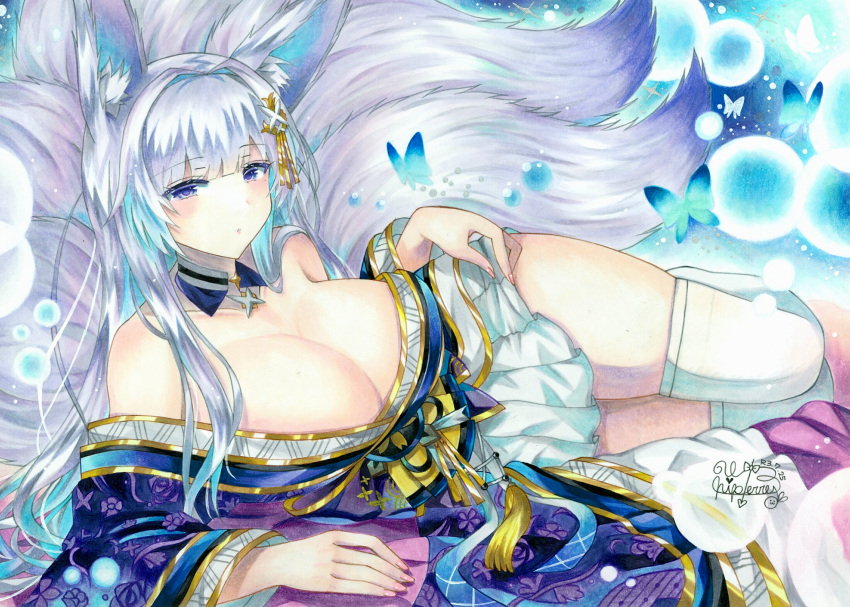 1girl absurdres animal_ear_fluff animal_ears azur_lane blue_butterfly breasts bug butterfly clothes_pull collarbone eyebrows_visible_through_hair fox_ears fox_tail grey_eyes highres huge_breasts insect japanese_clothes kimono kitsune long_hair looking_at_viewer multiple_tails off-shoulder_kimono pleated_skirt purple_kimono shinano_(azur_lane) signature silver_hair skindentation skirt skirt_pull solo tail thigh-highs thighs traditional_media whipberry white_legwear white_skirt wide_sleeves
