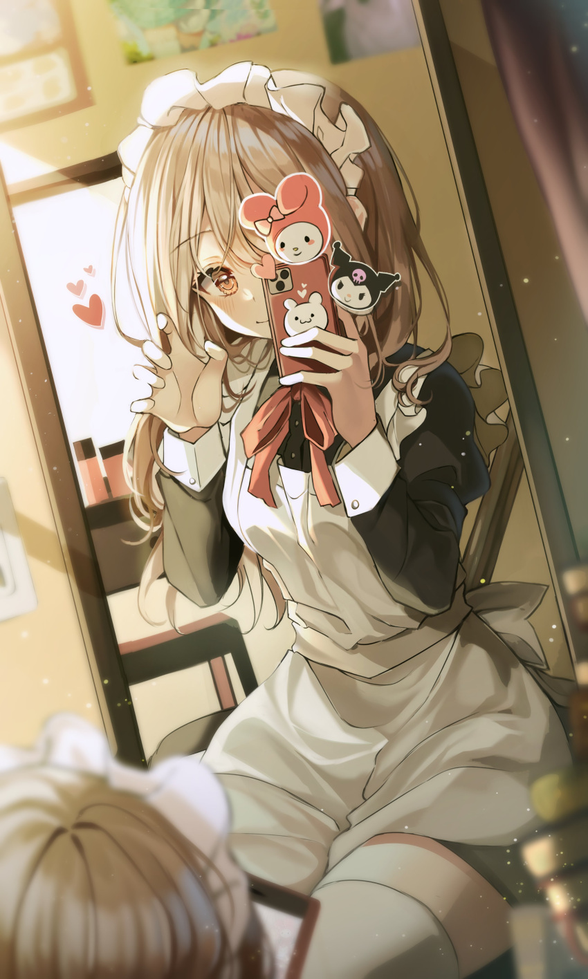1girl absurdres apron blush brown_eyes brown_hair cellphone closed_mouth duyu eyebrows_visible_through_hair highres indoors kuromi long_hair long_sleeves maid maid_apron maid_headdress mirror my_melody onegai_my_melody original phone selfie sitting smile solo thigh-highs