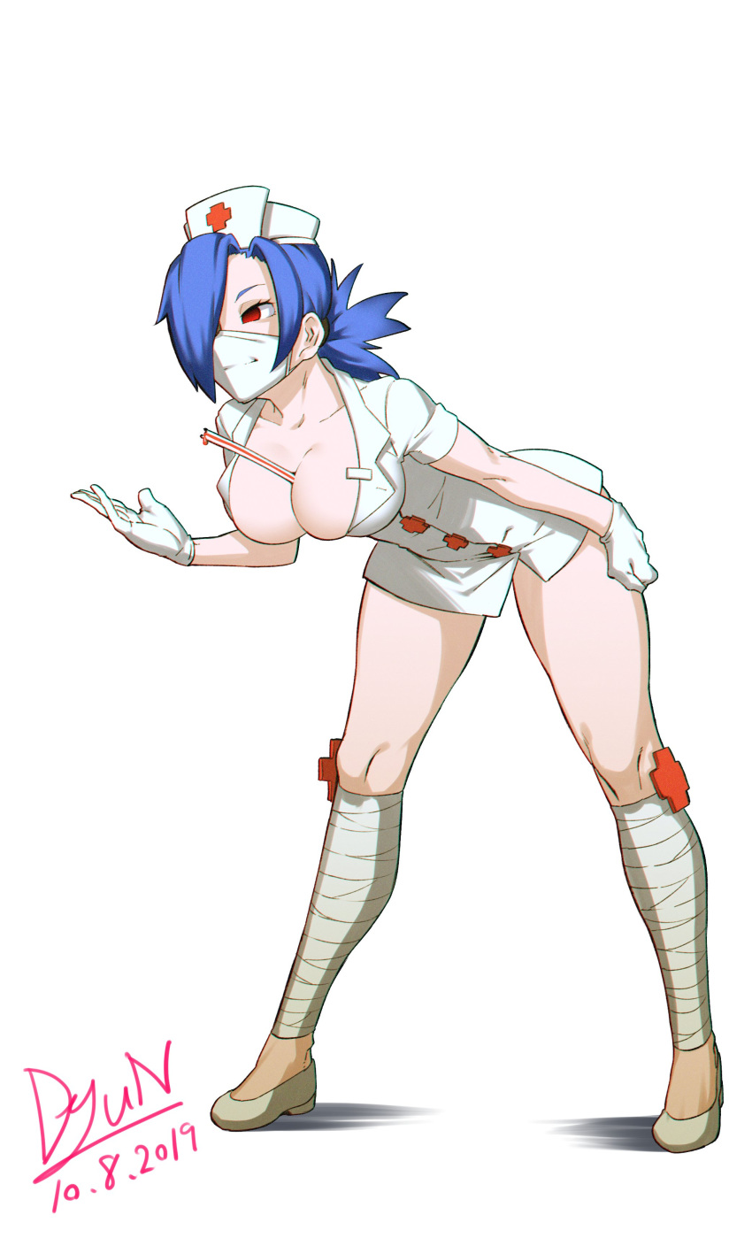 1girl absurdres bandaged_leg bandages bent_over between_breasts blue_hair breasts closed_mouth dated dress dyun full_body gloves grey_footwear hair_over_one_eye hat highres large_breasts legs_apart mask mouth_mask nurse_cap one_eye_covered red_eyes shoes short_dress signature simple_background skullgirls smile solo standing surgical_mask valentine_(skullgirls) white_background white_dress white_gloves