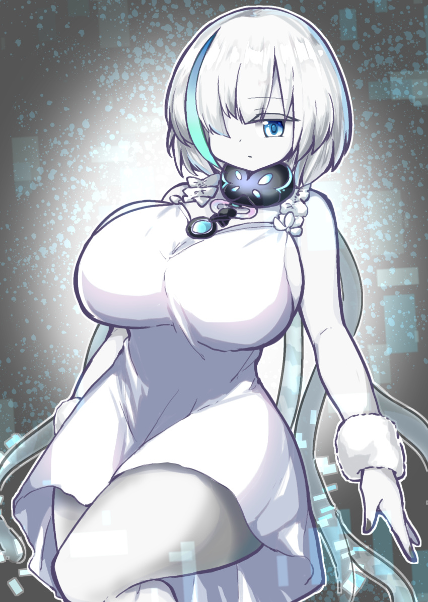 1girl alternate_breast_size azur_lane black_nails blue_eyes breasts collar colored_skin dress enostal expressionless eyebrows_visible_through_hair hair_over_one_eye highres huge_breasts large_breasts multicolored_hair nail_polish older pale_skin short_hair solo streaked_hair tb_(azur_lane) thighs white_dress white_hair white_skin