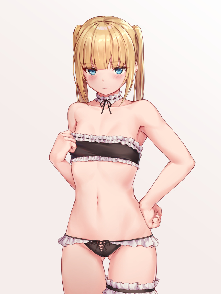 1girl absurdres armpits ass_visible_through_thighs bare_arms bare_shoulders bikini blonde_hair blue_eyes choker closed_mouth cowboy_shot flat_chest frilled_bikini frilled_choker frills highres leg_garter long_hair looking_at_viewer maid_bikini navel original rebutsu simple_background solo stomach strapless strapless_bikini swimsuit thigh_gap thighs twintails white_background