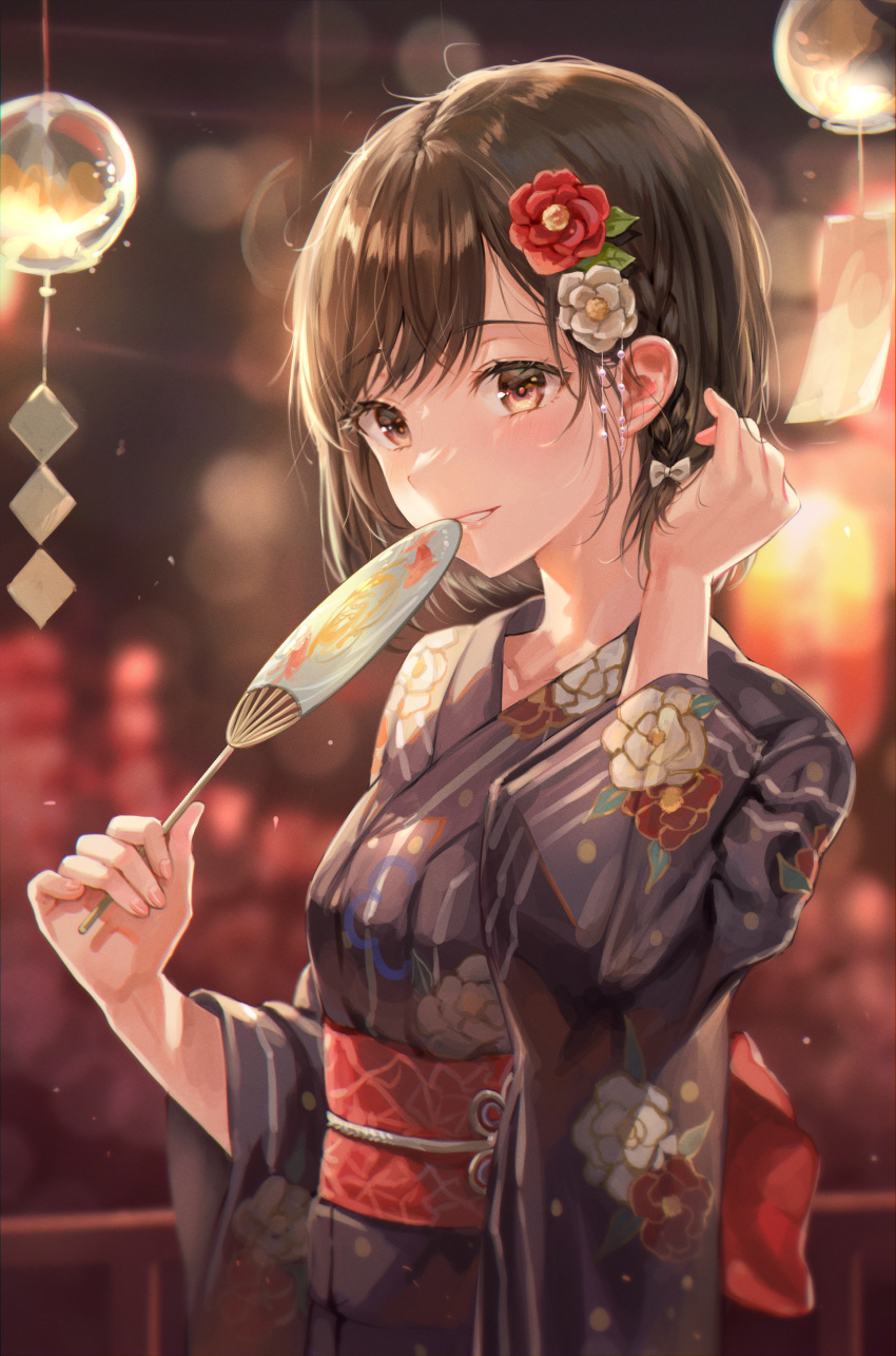 1girl absurdres bangs black_kimono blurry blurry_background blush bow braid brown_eyes brown_hair collarbone commentary_request eyebrows_visible_through_hair floral_print flower hair_bow hand_fan hand_in_hair highres holding japanese_clothes kimono lantern long_sleeves looking_at_viewer obi paper_fan parted_lips project_sekai red_flower sash shinonome_ena short_hair smile solo teeth tokkyu white_bow white_flower wide_sleeves yukata