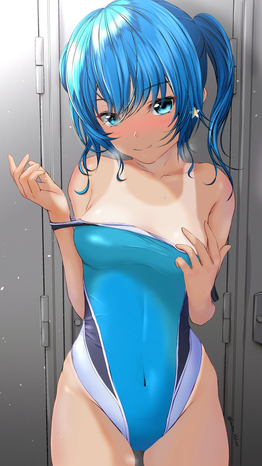1girl aigami_kaon blue_eyes blue_hair blue_swimsuit blush breasts clothes_pull commentary_request competition_swimsuit covered_navel cowboy_shot earrings garter-velvet highres jewelry locker looking_at_viewer medium_breasts nose_blush one-piece_swimsuit original short_hair solo standing star_(symbol) star_earrings swimsuit swimsuit_pull tan two-tone_swimsuit