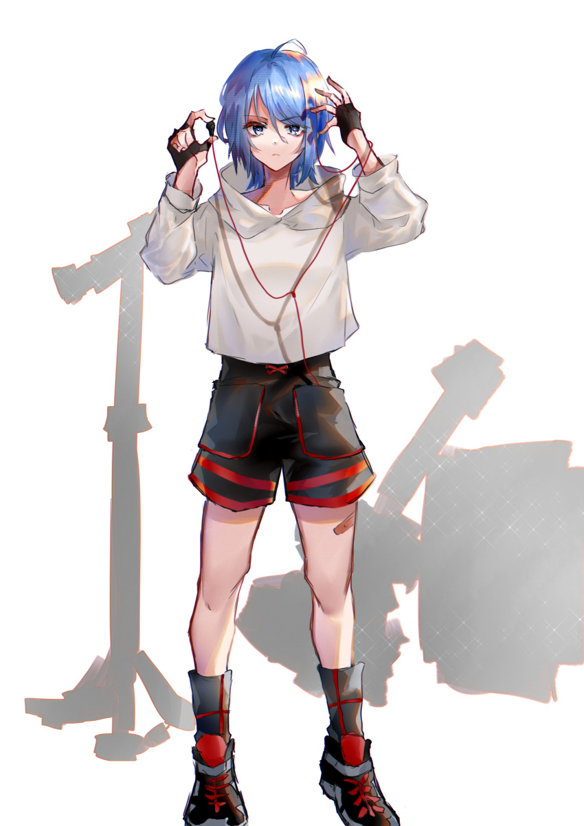 1girl absurdres ahoge amplifier_(instrument) bandaid bandaid_on_leg bangs black_footwear black_gloves black_shorts blue_eyes blue_hair boots character_request closed_mouth commentary_request dafenpipixia earphones earphones electric_guitar eyebrows_visible_through_hair fingerless_gloves frown full_body gloves guitar hands_up highres hood hoodie instrument long_sleeves looking_at_viewer microphone_stand rare_land_story short_hair shorts simple_background solo white_background white_hoodie