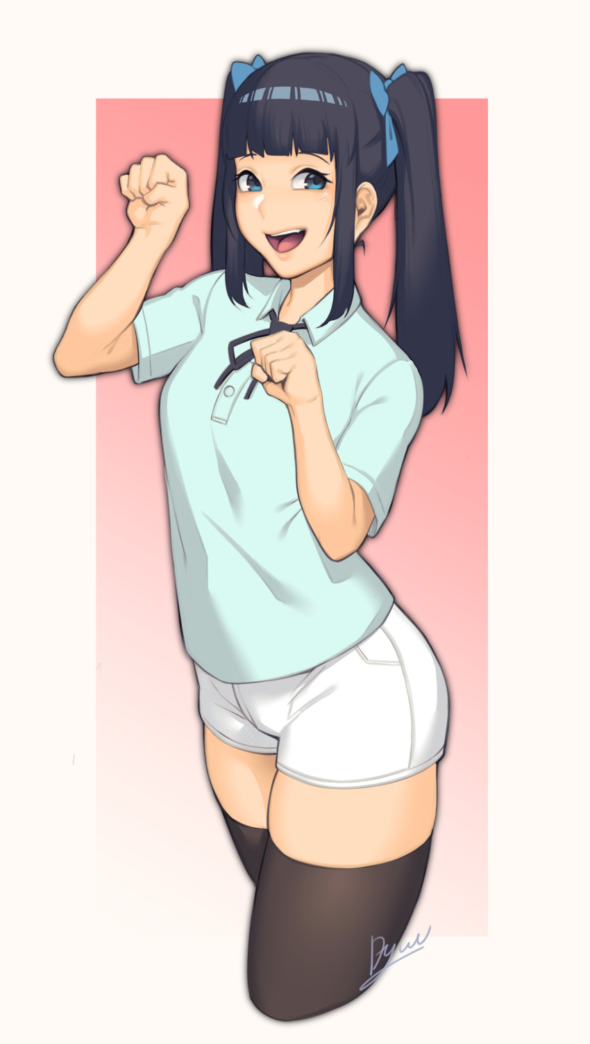1girl :d black_hair black_legwear black_neckwear black_ribbon blue_eyes blue_shirt blush border bow copyright_request cowboy_shot dyun hair_bow hands_up highres looking_at_viewer neck_ribbon open_mouth paw_pose pink_background ribbon shirt short_sleeves shorts signature smile solo standing thigh-highs twintails white_border white_shorts
