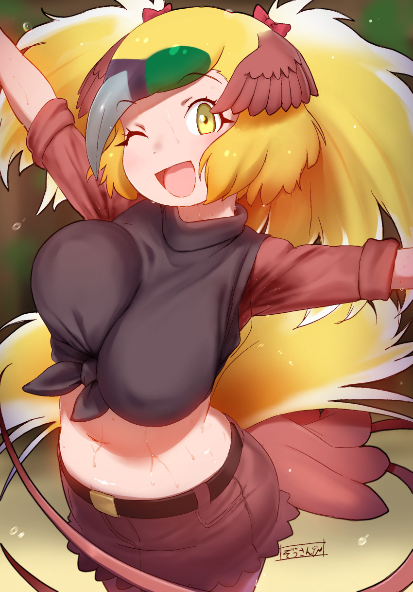 1girl ;d bangs belt black_legwear black_shirt blonde_hair bouncing_breasts bow breasts brown_skirt commentary covered_nipples cowboy_shot eyebrows_visible_through_hair greater_bird-of-paradise_(kemono_friends) hair_bow highres kemono_friends large_breasts long_hair looking_at_viewer masuyama_ryou midriff miniskirt multicolored_hair navel one_eye_closed open_mouth outstretched_arms pantyhose red_bow shirt skirt sleeves_rolled_up smile solo sweat sweaty_clothes tail tied_shirt twintails unaligned_breasts wet wet_clothes yellow_eyes