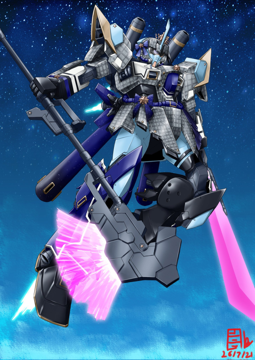 axe blue_bow bow dated energy_axe energy_sword english_commentary gelgoog gundam highres holding holding_axe holding_sword holding_weapon hololive horns hoshimachi_suisei mecha mechanization mobile_suit mobile_suit_gundam no_humans one-eyed pravin_rao_santheran science_fiction single_horn solo space sword violet_eyes virtual_youtuber weapon