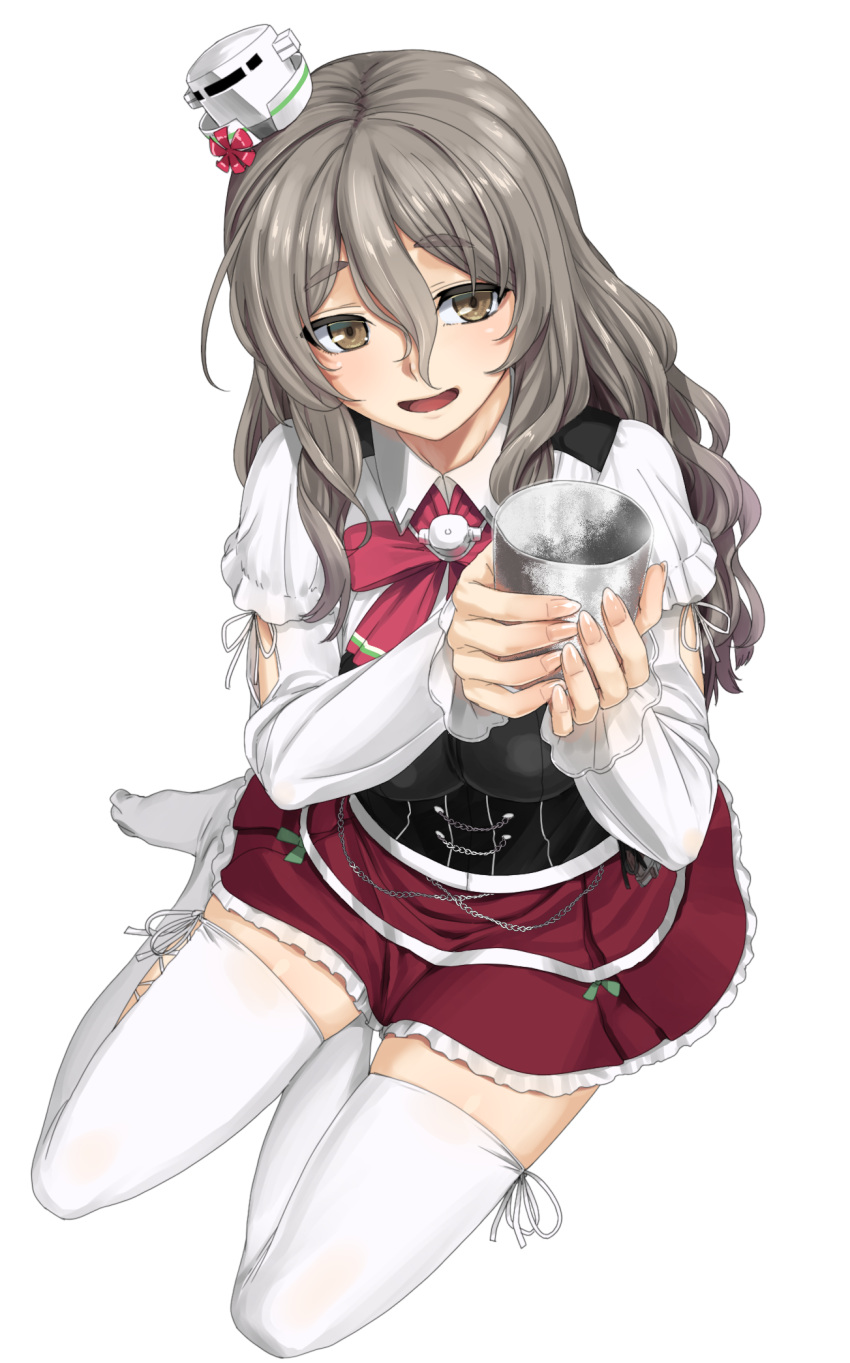 1girl bodice bow bowtie brown_eyes cup drinking_glass foreshortening frilled_skirt frills glass grey_hair hat highres ifuji_shinsen kantai_collection mini_hat miniskirt pola_(kancolle) red_neckwear red_skirt shirt simple_background skirt solo thick_eyebrows thigh-highs tilted_headwear twitter_username wavy_hair white_background white_legwear white_shirt