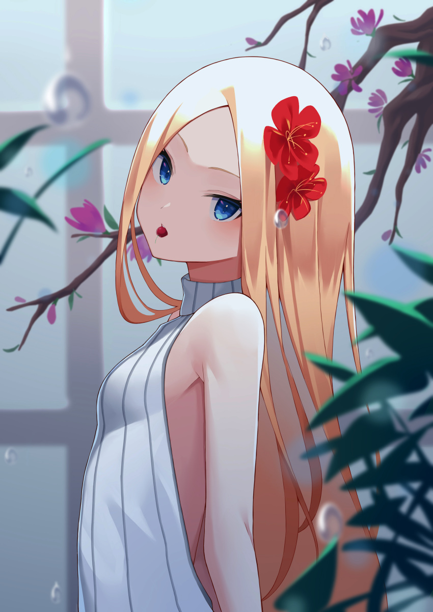 1girl abigail_williams_(fate) absurdres bangs bare_shoulders blonde_hair blue_eyes blush breasts cherry fate/grand_order fate_(series) flower food forehead fruit hair_flower hair_ornament highres long_hair looking_at_viewer mouth_hold parted_bangs pillow_(blackpirou) small_breasts solo