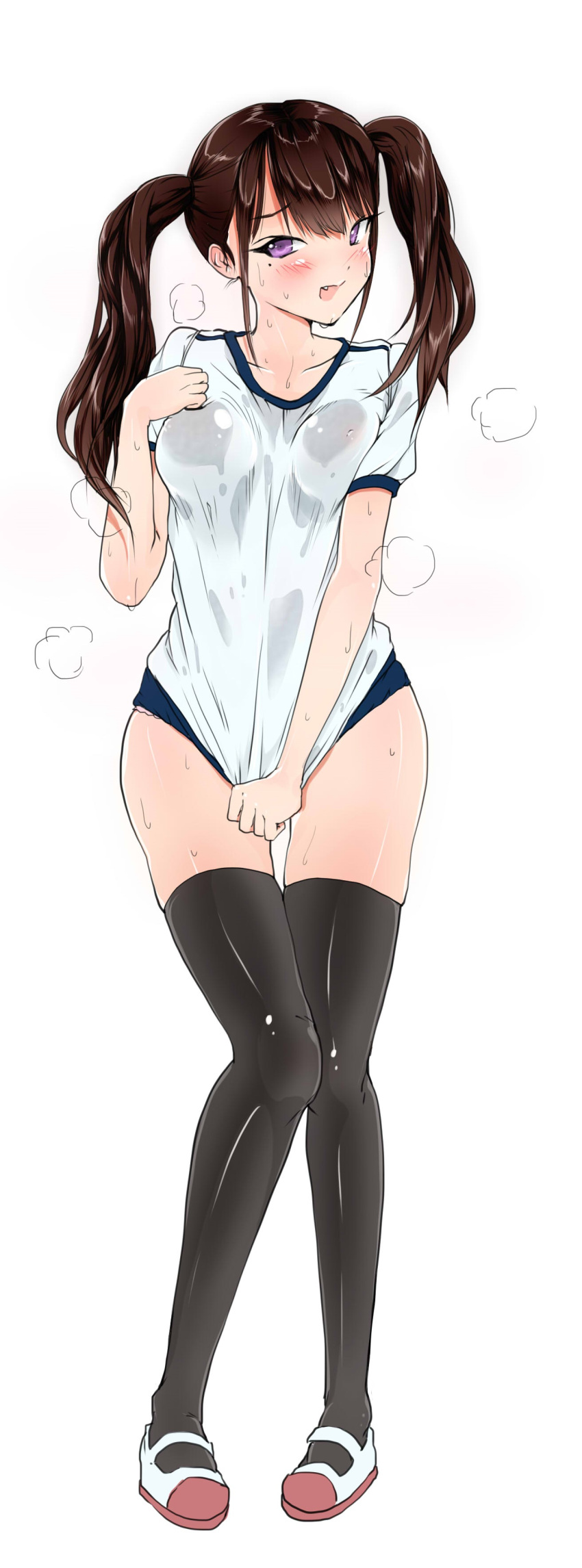 1girl absurdres black_legwear bloomers blush breasts brown_hair gym_uniform hand_on_own_chest highres knees_touching medium_breasts open_mouth original sak1023 shirt_tug shoes simple_background steam sweat sweaty_clothes thigh-highs twintails underwear violet_eyes wet wet_clothes white_background zettai_ryouiki