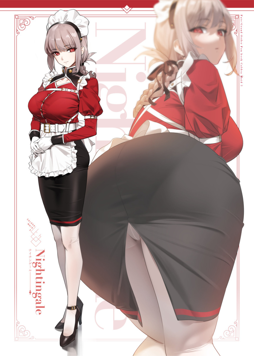 1girl ass bangs breasts fate/grand_order fate_(series) florence_nightingale_(fate) full_body gloves highres juliet_sleeves large_breasts long_hair long_sleeves looking_at_viewer pantylines pink_hair projected_inset puffy_sleeves red_eyes skirt standing taut_clothes thighs yd_(orange_maru)