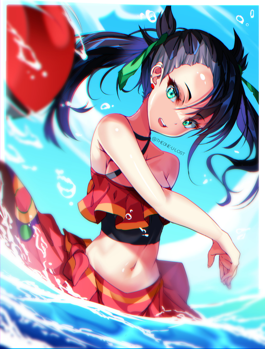 1girl absurdres artist_name bikini black_hair english_commentary floating_hair green_eyes green_ribbon highres long_hair looking_at_viewer marnie_(pokemon) navel official_alternate_costume open_mouth partially_submerged poke_ball poke_ball_(basic) pokemon pokemon_(game) pokemon_masters_ex ribbon sarong solo swimsuit the0neulost throwing_poke_ball two_side_up upper_body upper_teeth wading water