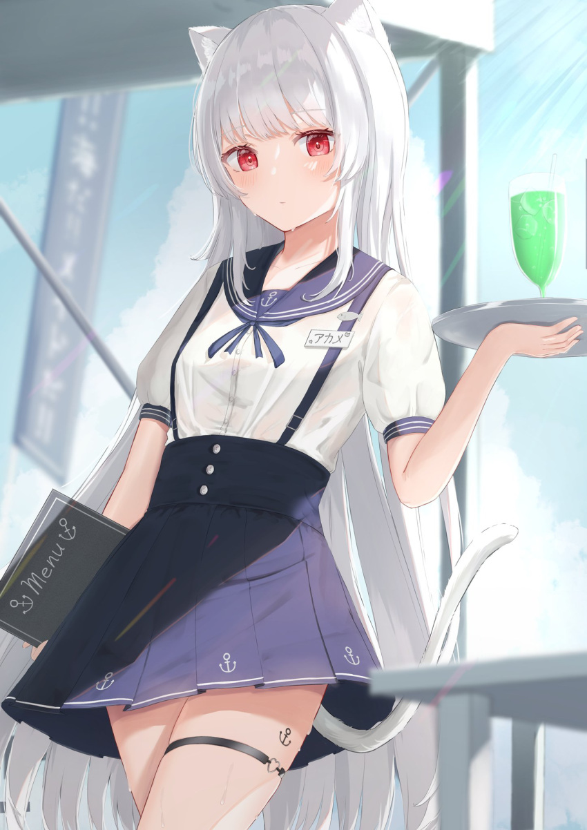 1girl anchor_symbol animal_ears bangs blue_sky blush cat_ears cat_tail closed_mouth clouds commentary_request eyebrows_visible_through_hair feet_out_of_frame grey_hair highres holding holding_plate long_hair looking_at_viewer maid menu miniskirt original plate red_eyes school_uniform serafuku sidelocks skirt sky solo sunlight suspender_skirt suspenders sweat tail tail_raised tanshio thigh_strap thighs translated uniform very_long_hair white_hair