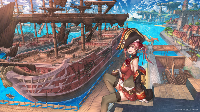 1girl beach boat breasts cup epaulettes eyepatch from_side harbor hat highres holding holding_cup hololive houshou_marine jacket large_breasts long_hair looking_at_viewer mast miniskirt nagi_itsuki ocean off_shoulder open_mouth pirate_hat pirate_ship red_eyes redhead rope scenery ship sitting skirt smile solo thigh-highs twintails virtual_youtuber walkway watercraft wide_shot wooden_floor zettai_ryouiki
