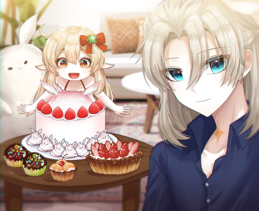 1boy 1girl 3d_background :d ahoge albedo_(genshin_impact) alternate_costume bangs blurry brother_and_sister brown_hair cake casual collarbone commentary_request contemporary couch cupcake depth_of_field food fruit gagseol_(user_pnzn5823) genshin_impact hair_between_eyes klee_(genshin_impact) light_brown_hair long_hair looking_at_viewer looking_down low_twintails male_focus open_mouth orange_eyes pillow pointy_ears siblings sidelocks silver_hair smile spaghetti_strap strawberry tabel twintails