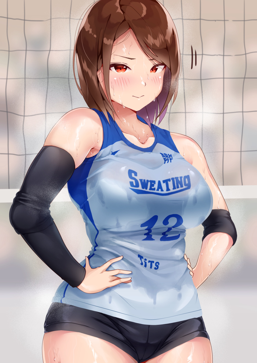 1girl absurdres blush breasts brown_hair detached_sleeves elbow_pads hands_on_hips highres jersey looking_at_viewer motion_lines original red_eyes sak1023 shiny shiny_hair shiny_skin short_hair sleeveless sportswear sweat sweaty_clothes uniform volleyball volleyball_net volleyball_uniform