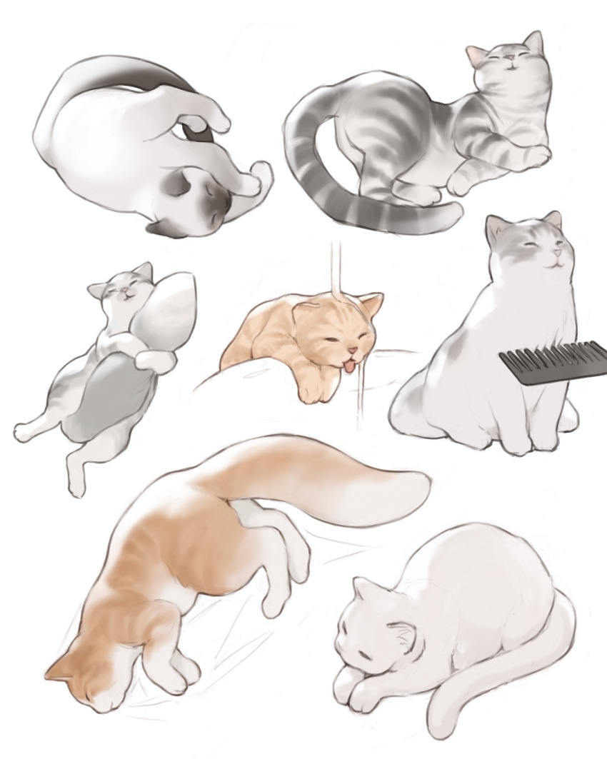 animal_focus cat combing commentary english_commentary highres luimiart no_humans original sleeping tail tail_hug tongue tongue_out white_cat