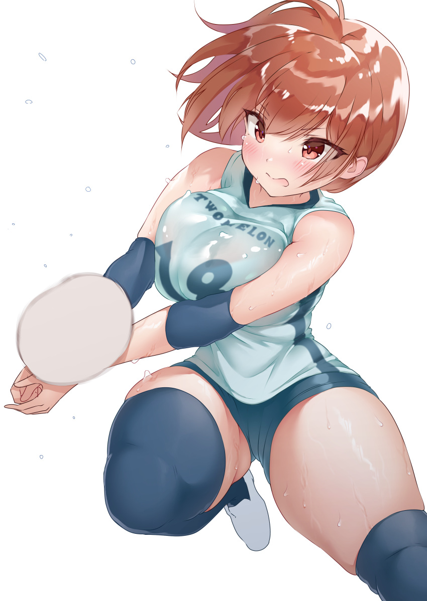 1girl absurdres bloomers blush breasts brown_hair clenched_hands elbow_sleeve flying_sweatdrops highres jumping knee_pads large_breasts orange_eyes original outstretched_arms sak1023 shiny shiny_hair short_hair simple_background sportswear sweat sweaty_clothes thick_thighs thigh-highs thighs underwear uniform volleyball volleyball_uniform wet white_background