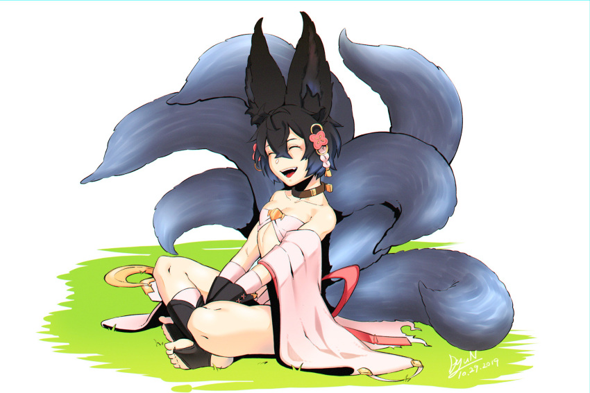 1girl :d black_hair character_request dated dyun facing_viewer flat_chest from_side granblue_fantasy hair_ornament highres indian_style large_ears long_sleeves multiple_tails open_mouth short_hair signature simple_background sitting smile solo stirrup_legwear tail toeless_legwear white_background wide_sleeves