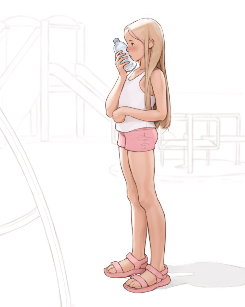 1girl bare_arms bare_legs bare_shoulders blonde_hair blush bottle child closed_mouth from_side full_body highres holding holding_bottle long_hair luimiart original park pink_footwear pink_shorts sandals shirt short_shorts shorts sleeveless sleeveless_shirt slide solo standing sweat unfinished_background water_bottle white_shirt