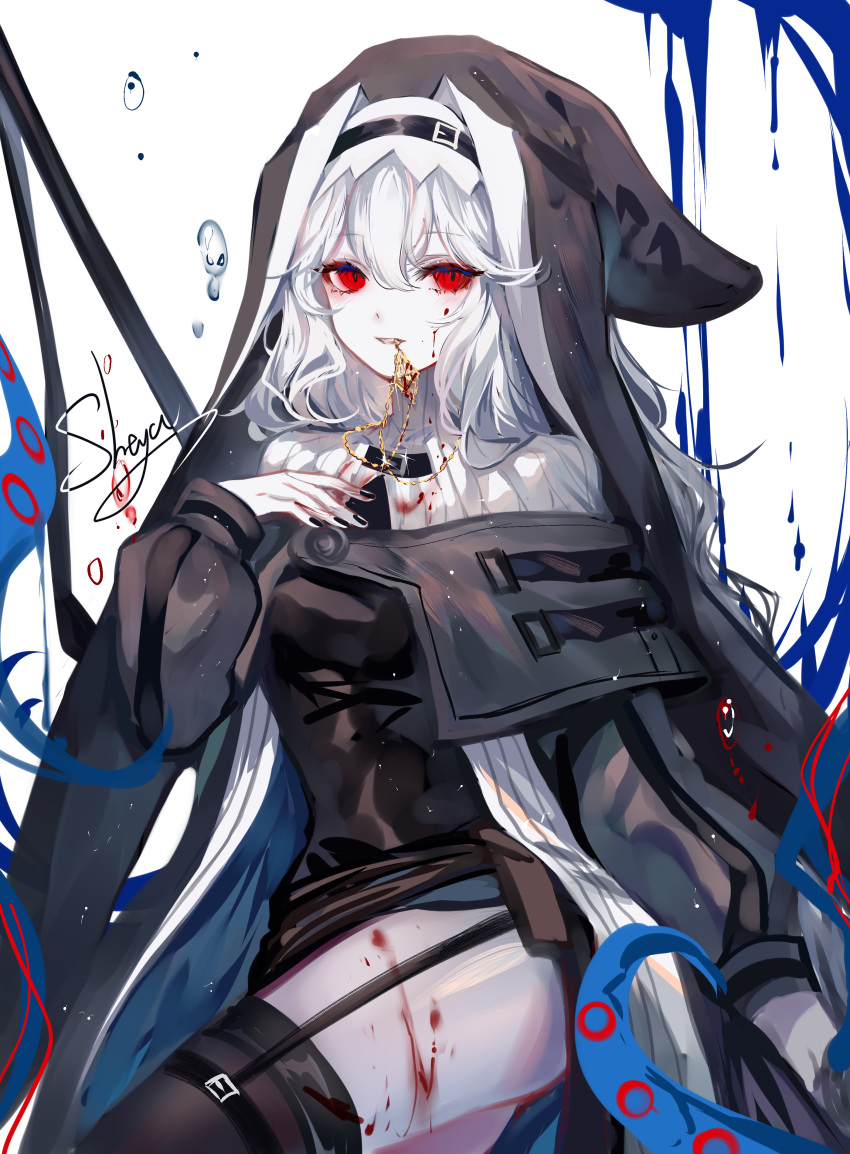 1girl absurdres arknights artist_name black_dress black_legwear black_nails chinese_commentary commentary_request dress garter_straps habit hand_up highres long_hair long_sleeves looking_at_viewer mouth_hold nail_polish nun red_eyes sheya signature silver_hair smile solo specter_(arknights) thigh-highs thighs white_background