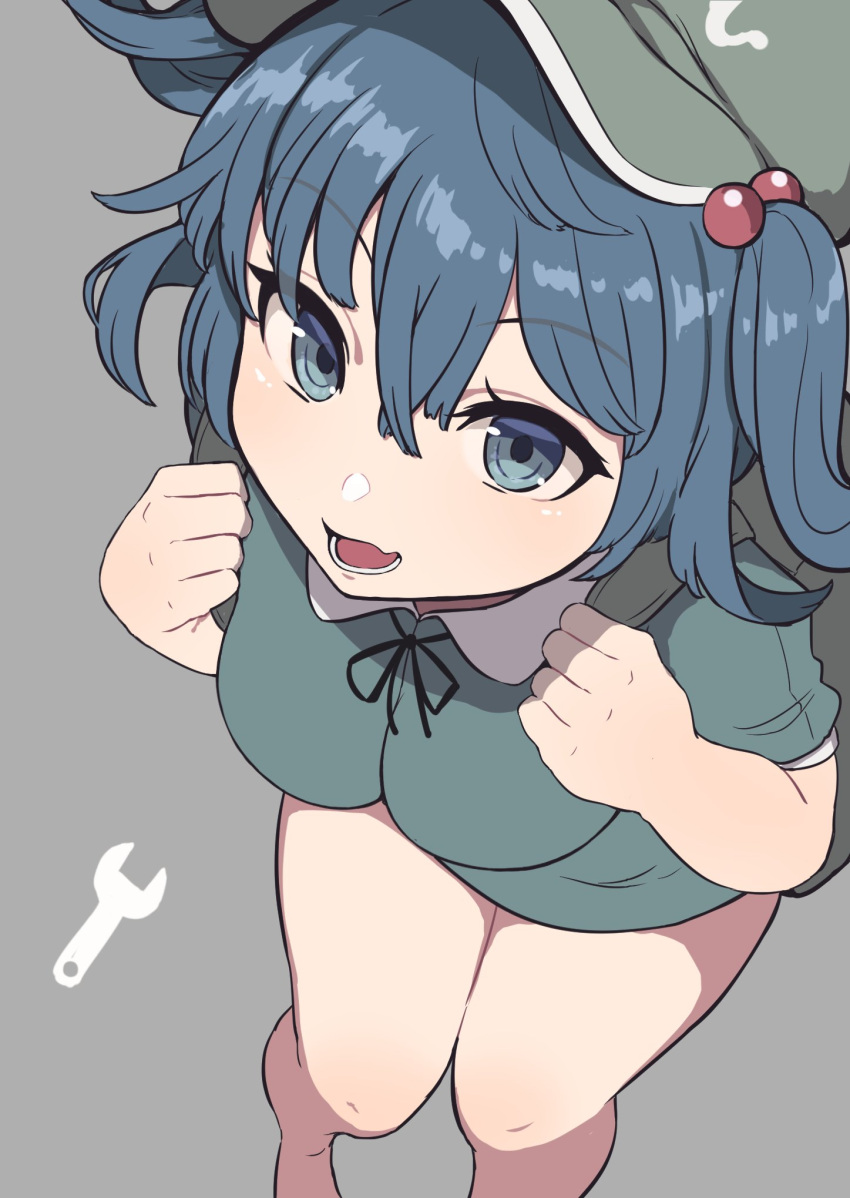 1girl backpack bag bangs bare_legs blue_eyes blue_hair blue_shirt breasts flat_cap from_above green_headwear grey_background hair_bobbles hair_ornament hat highres kawashiro_nitori looking_at_viewer marsen medium_breasts open_mouth shirt short_hair short_sleeves simple_background solo touhou two_side_up wrench