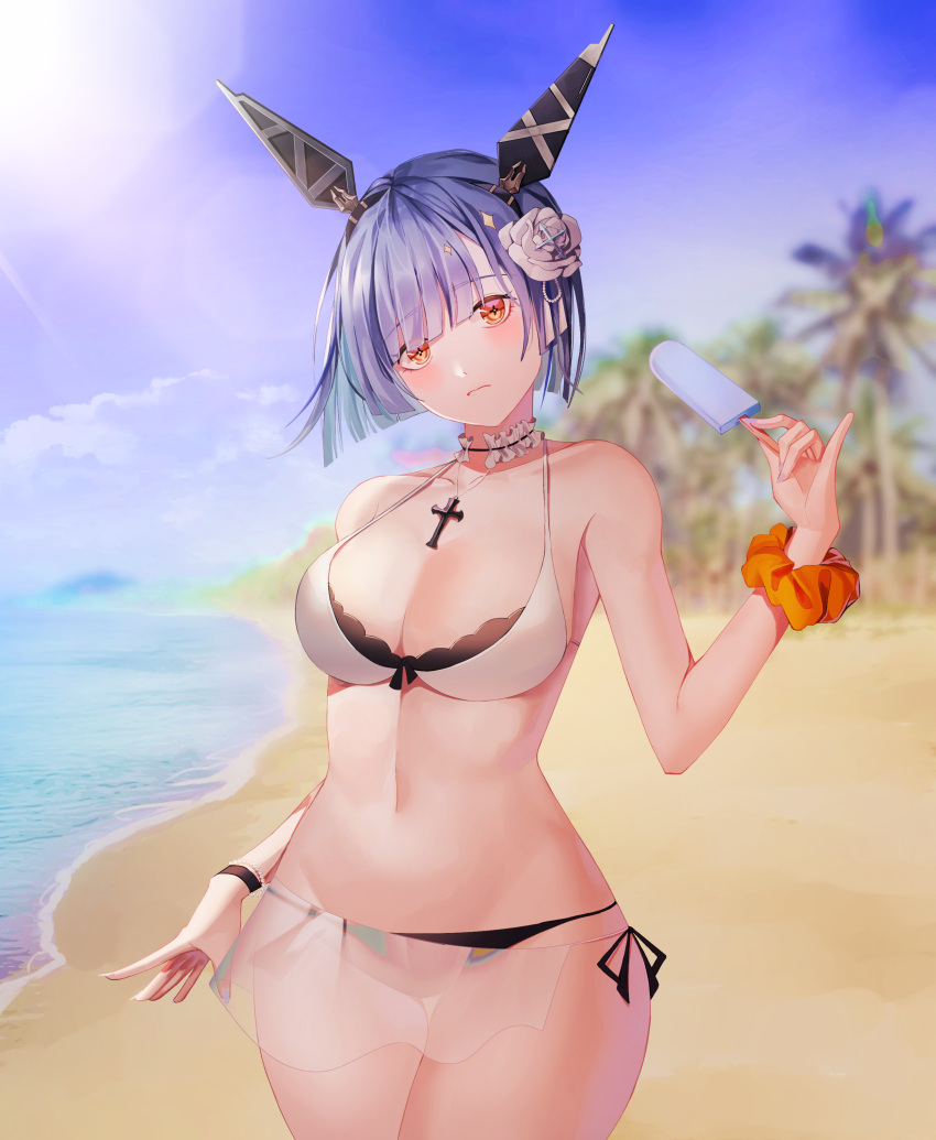 +_+ 1girl absurdres azur_lane beach bikini blue_hair blue_sky blurry blurry_background breasts choker cowboy_shot cross cross_necklace flower food frilled_choker frills gascogne_(azur_lane) gascogne_(beach_adaptive_armor)_(azur_lane) hair_flower hair_ornament headgear highres holding holding_food ice_cream jewelry kkong looking_at_viewer medium_breasts mismatched_bikini nail_polish necklace official_alternate_costume orange_eyes palm_tree popsicle sand see-through short_hair sky solo sunlight swimsuit thigh_gap tree water white_bikini white_flower