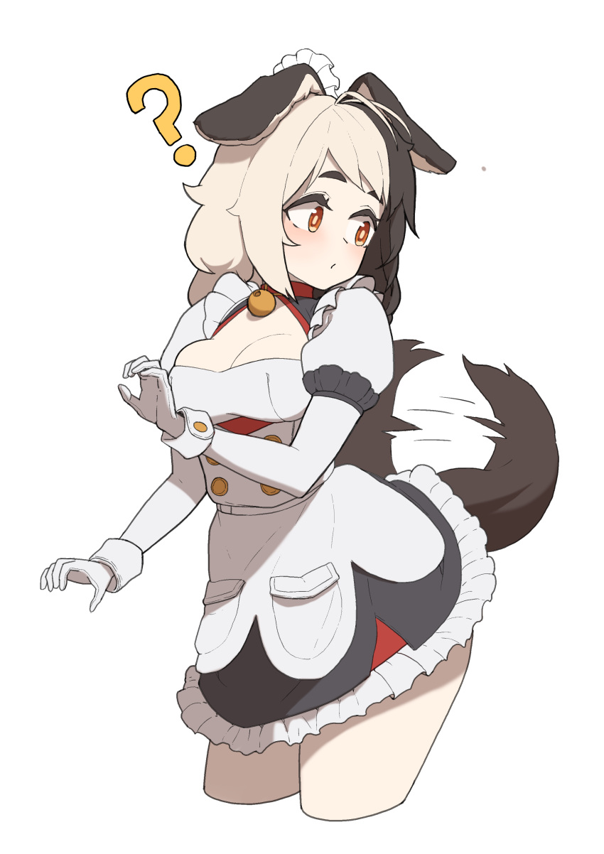 1girl ? absurdres animal_ears bell black_hair collar dog_ears dog_girl dog_tail dress elbow_gloves gloves hachiko_of_castling highres last_origin maid multicolored_hair neck_bell red_eyes scemonkey solo tail tail_wagging two-tone_hair white_background white_gloves white_hair