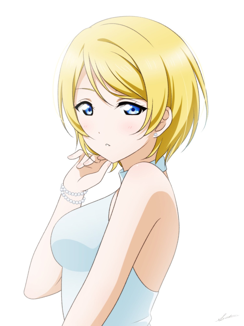 1girl alternate_hair_length alternate_hairstyle ayase_eli bangs bare_shoulders bead_bracelet beads blonde_hair blue_eyes bracelet breasts commentary_request dress ear_piercing from_side hand_in_hair hand_up highres jewelry large_breasts light_blush looking_at_viewer love_live! love_live!_school_idol_project parted_lips piercing shiratama_(siratama_ll) short_hair simple_background sleeveless sleeveless_dress solo swept_bangs upper_body white_background white_dress