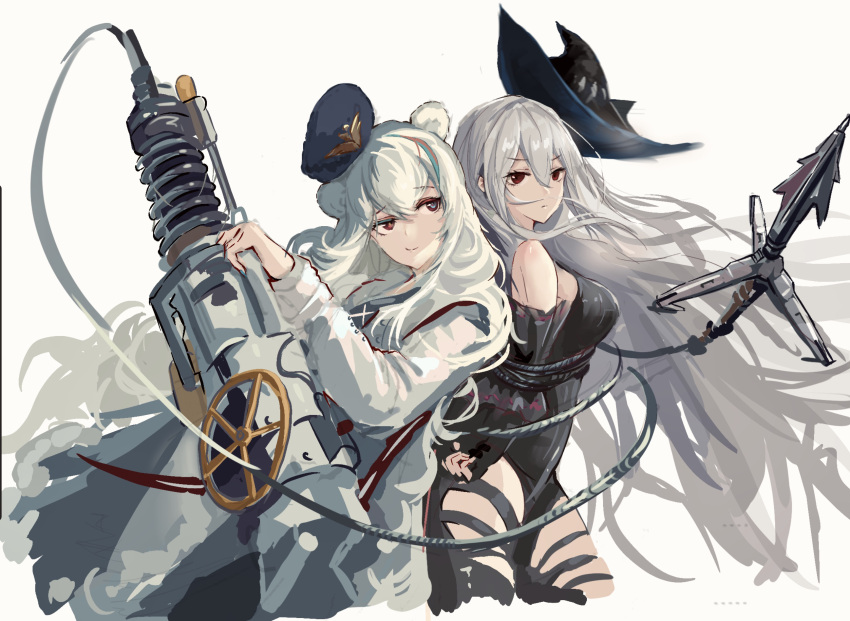 2girls animal_ears arknights arm_cuffs bangs bear_ears black_dress black_headwear black_pants blue_eyes blue_hair blue_headwear breasts closed_mouth clothing_cutout commentary_request cowboy_shot dress hair_between_eyes harpoon_gun hat heterochromia highres holding holding_weapon long_hair long_sleeves looking_at_viewer medium_breasts multicolored_hair multiple_girls pants red_eyes restrained rosa_(arknights) sawkm silver_hair simple_background skadi_(arknights) streaked_hair tail thigh_cutout very_long_hair weapon white_background white_dress