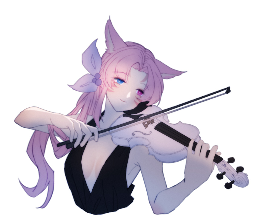 1girl animal_ears armpit_crease blue_eyes bow cat_ears closed_mouth eyebrows_visible_through_hair eyes_visible_through_hair facial_mark final_fantasy final_fantasy_xiv heterochromia highres holding holding_instrument instrument long_hair lyra-kotto miqo'te music pink_eyes pink_hair playing_instrument simple_background smile solo upper_body violin whisker_markings white_background white_bow