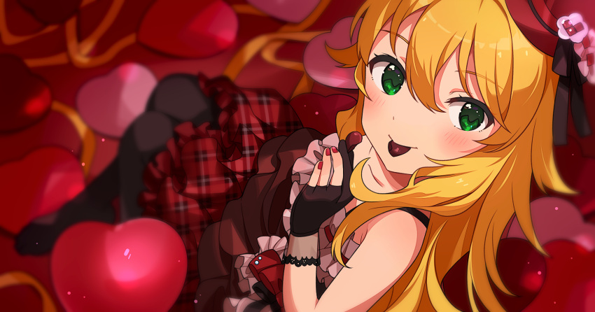 1girl :d black_gloves black_legwear blonde_hair blush candy chocolate chocolate_heart fingernails food gloves green_eyes hand_up hat heart highres hoshii_miki idolmaster idolmaster_(classic) idolmaster_million_live! idolmaster_million_live!_theater_days inuyama_nanami long_hair looking_at_viewer mouth_hold nail_polish open_mouth pantyhose partially_fingerless_gloves red_nails red_skirt skirt smile solo