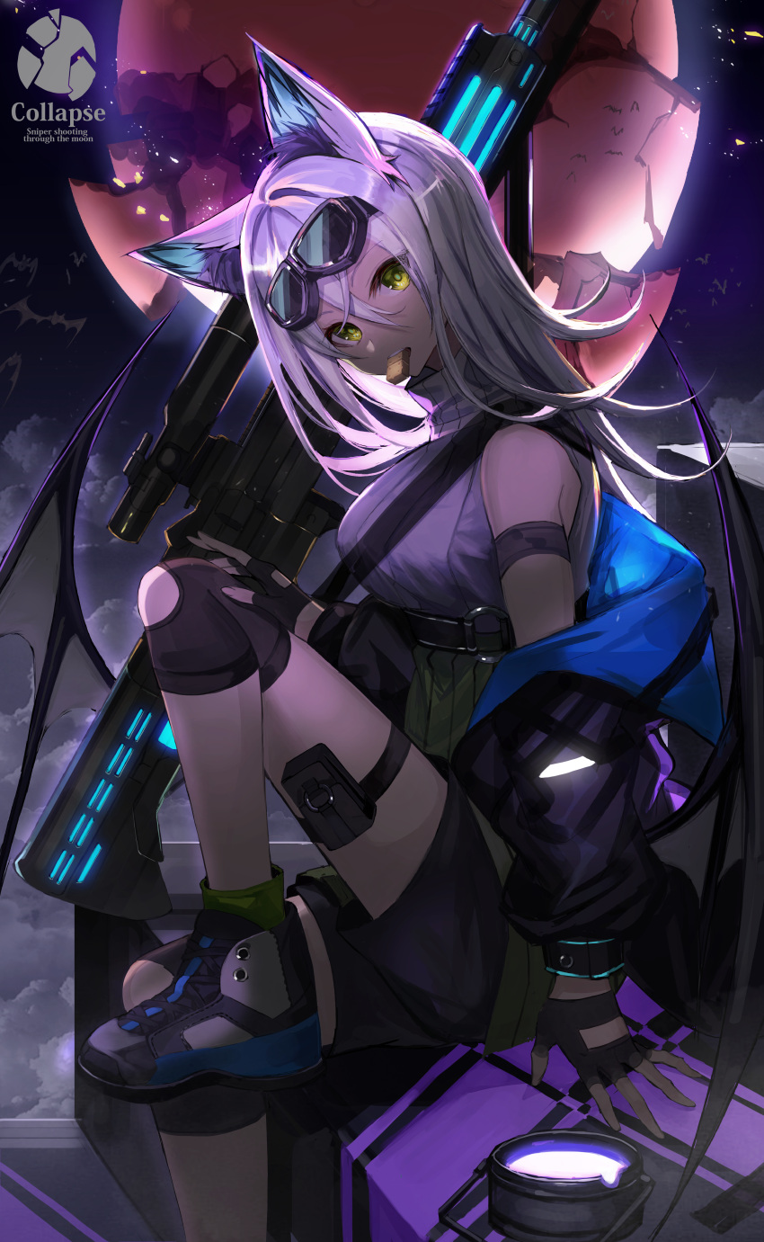 1girl absurdres amahara_subaru animal_ear_fluff animal_ears bangs broken_moon coat demon_wings english_text fingerless_gloves food_in_mouth foot_out_of_frame fox_ears gloves goggles goggles_on_head green_eyes green_legwear gun hair_between_eyes highres huge_filesize knee_up long_hair long_sleeves low_wings moon mouth_hold night off_shoulder open_clothes open_coat original outdoors over_shoulder red_moon rifle shoes shorts silver_hair sitting sleeveless sniper_rifle socks solo thigh_pouch turtleneck weapon weapon_over_shoulder wings