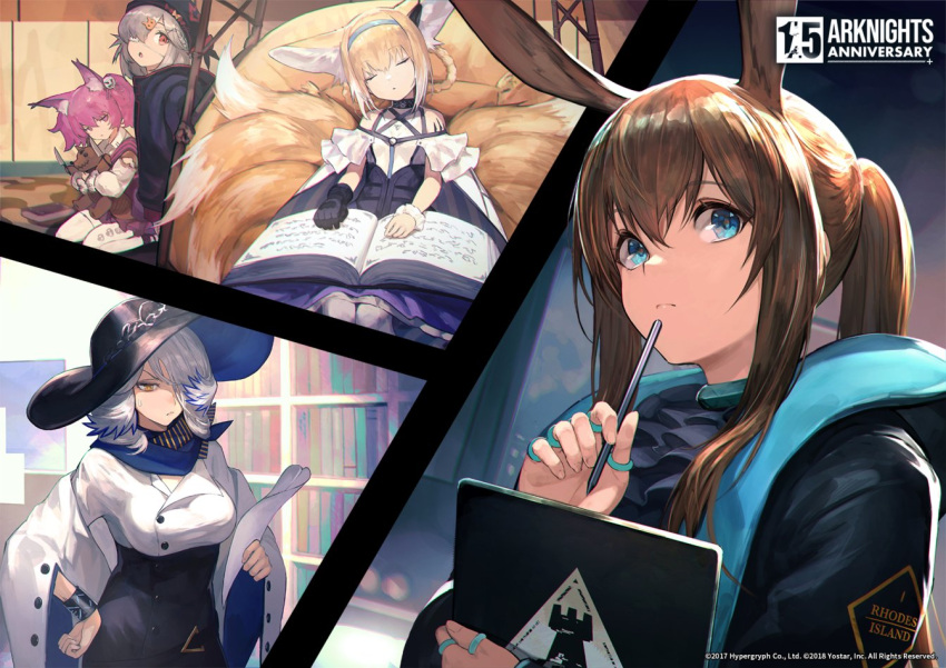 5girls amiya_(arknights) animal_ears arknights ascot black_gloves black_headwear black_jacket black_skirt blue_collar blue_eyes blue_hairband blue_neckwear blue_scarf book braid brown_hair bunny_hair_ornament buttons clipboard closed_eyes collar dress earpiece extra_ears eyepatch feather_hair fox_ears fox_girl fox_tail gloves hair_between_eyes hair_ornament hair_over_one_eye hairband hat holding holding_clipboard holding_pen jacket jewelry kitsune long_hair looking_at_viewer medical_eyepatch multiple_girls multiple_rings multiple_tails off_shoulder official_art open_book open_clothes open_jacket orchid_(arknights) oripathy_lesion_(arknights) pantyhose pen pen_to_mouth pink_eyes pink_hair ponytail popukar_(arknights) rabbit_ears ring scarf shamare_(arknights) shirataki_jiro shirt single_glove single_wrist_cuff skirt sleeping suzuran_(arknights) sweatdrop tail twintails watermark white_dress white_jacket white_legwear white_shirt white_wristband wrist_cuffs yellow_eyes