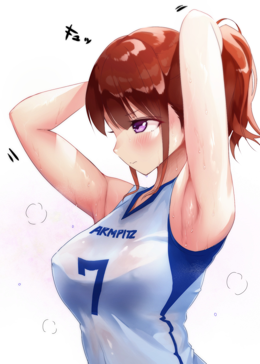 1girl armpits arms_up blush breasts brown_hair covered_nipples dripping highres jersey looking_ahead medium_breasts motion_lines original sak1023 shiny shiny_hair simple_background sportswear steam sweat sweaty_clothes tying_hair uniform violet_eyes volleyball volleyball_uniform white_background