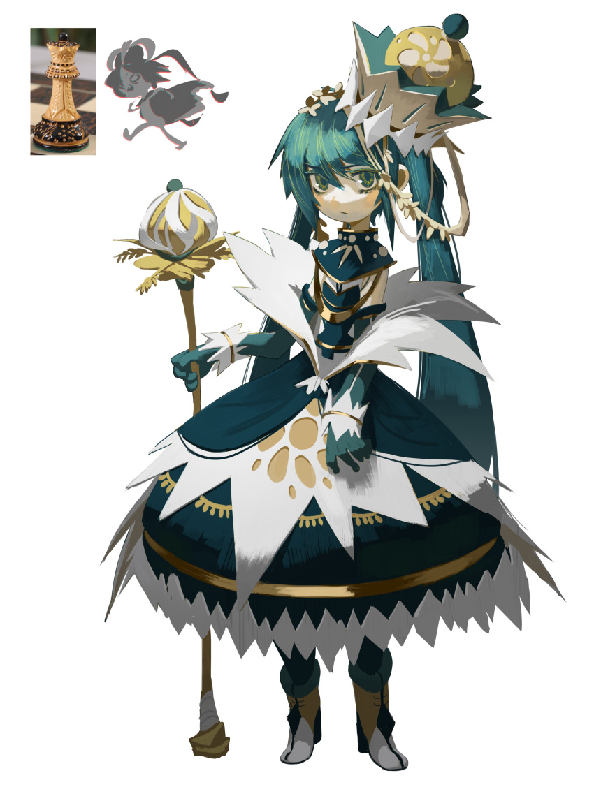1girl absurdres aqua_dress aqua_eyes aqua_gloves aqua_hair bangs blonde_hair boots cape capelet chess_piece chessboard commentary crown dress elbow_gloves english_commentary eyebrows_visible_through_hair full_body gloves gold_trim grey_hair hair_between_eyes hatsune_miku highres light_frown long_hair looking_at_viewer multicolored multicolored_clothes multicolored_dress multicolored_eyes multicolored_footwear multicolored_hair queen_(chess) reference_photo_inset short_hair sidelocks simple_background staff swept_bangs topdylan triangle_mouth twintails upper_teeth very_long_hair vocaloid walking white_background white_dress white_eyes white_footwear yellow_eyes yellow_footwear