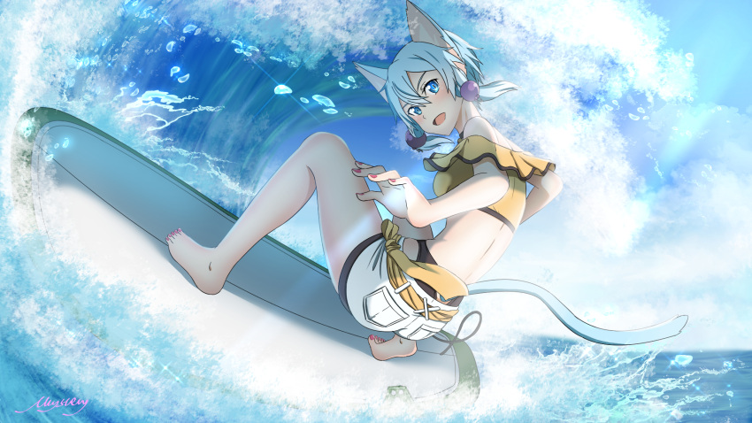 1girl :d animal_ears bangs barefoot blue_eyes blue_hair cat_ears cat_tail day full_body hair_between_eyes highres mysteryctu nail_polish ocean open_mouth outdoors red_nails short_hair_with_long_locks short_shorts shorts sidelocks sinon_(sao-alo) smile solo summer surfboard surfing sword_art_online tail toenail_polish toenails waves white_shorts