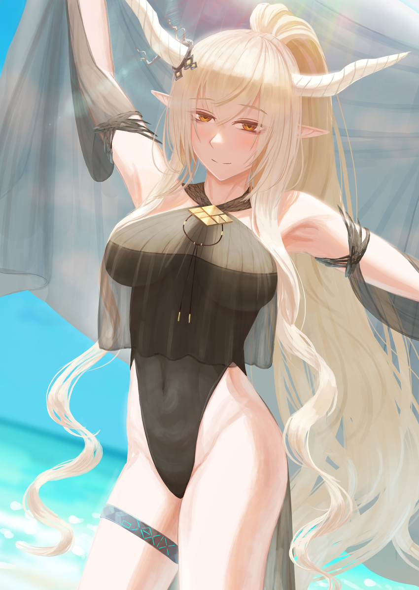 1girl arknights black_swimsuit blue_sky blush breasts closed_mouth covered_navel day detached_sleeves dutch_angle gino hands_up highleg highleg_swimsuit highres horn_ornament horn_ring horns large_breasts long_hair looking_at_viewer ocean one-piece_swimsuit outdoors pointy_ears ponytail see-through_sleeves shining_(arknights) sky smile solo standing swimsuit tail thigh_strap veil very_long_hair