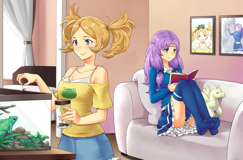 2girls bare_shoulders blonde_hair blue_eyes blue_legwear book contemporary couch fire_emblem fire_emblem:_awakening fire_emblem:_kakusei fire_emblem:_rekka_no_ken fire_emblem:_the_blazing_blade florina_(fire_emblem) frog green_eyes jean_skirt lissa_(fire_emblem) pegasus pigtails purple_hair reading sweater terrarium