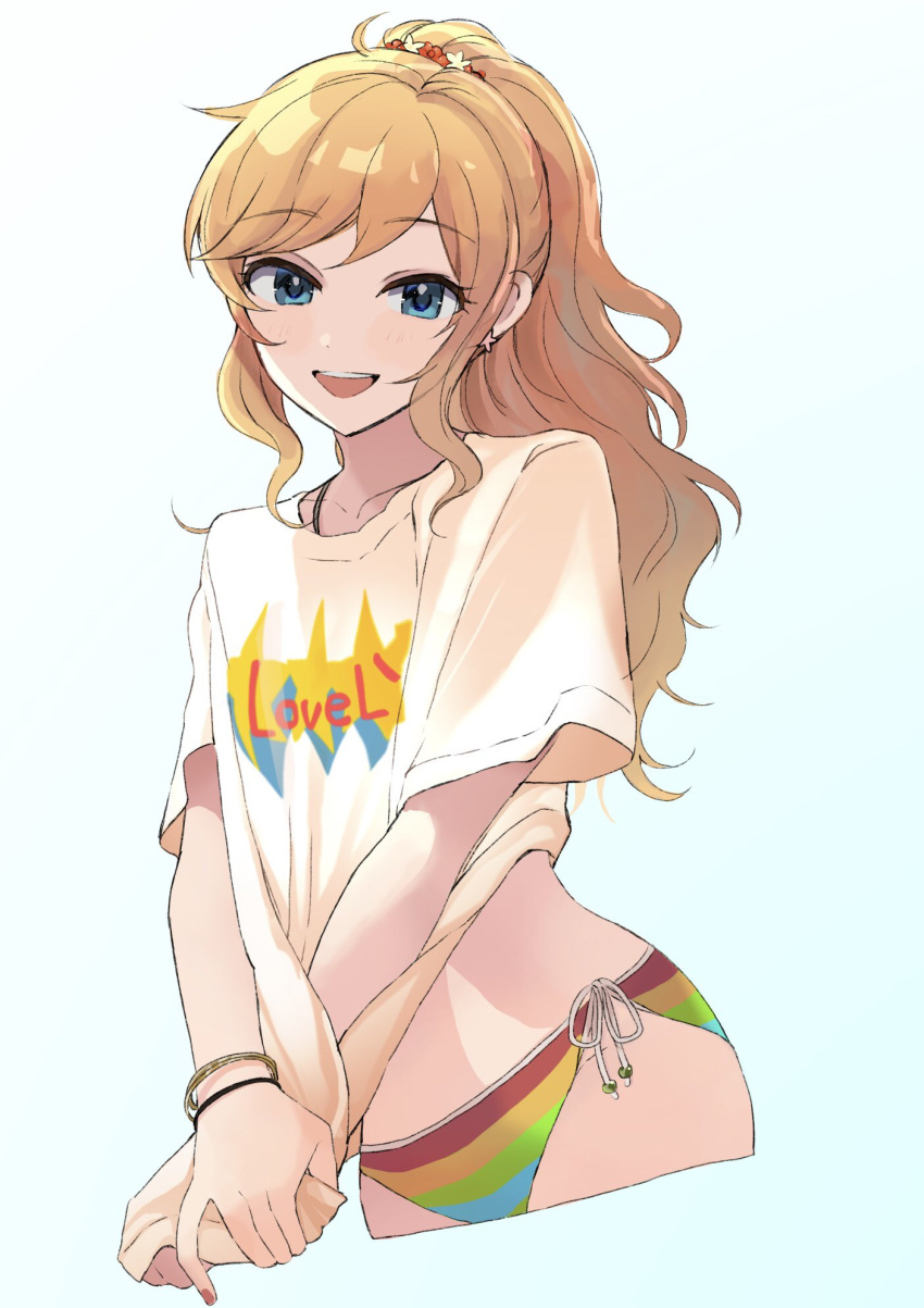 1girl :d bangs bikini blonde_hair blue_eyes blush bracelet breasts clothes_writing collarbone commentary_request cowboy_shot cropped_legs earrings eyebrows_visible_through_hair hair_ornament highres idolmaster idolmaster_cinderella_girls jewelry long_hair looking_at_viewer multicolored multicolored_bikini multicolored_clothes necklace ohtsuki_yui open_mouth ponytail shirt side-tie_bikini simple_background smile solo star_(symbol) star_earrings striped swimsuit t-shirt upper_teeth yuzuhota0313