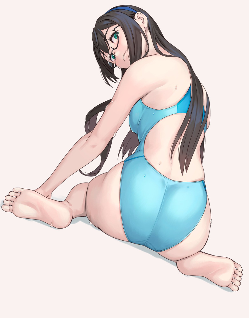 1girl alternate_costume ass bare_arms bare_legs bare_shoulders barefoot black_hair blue_swimsuit blush breasts commentary_request competition_swimsuit eyebrows_visible_through_hair glasses green_eyes hairband highleg highleg_swimsuit highres kantai_collection long_hair looking_at_viewer multicolored multicolored_clothes multicolored_swimsuit one-piece_swimsuit ooyodo_(kancolle) semi-rimless_eyewear simple_background skindentation small_breasts soles solo swimsuit under-rim_eyewear wet white_background yuuji_(and)