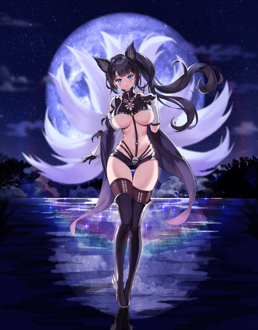1girl absurdres animal_ears black_footwear black_gloves black_hair black_shirt black_shorts blue_eyes blurry boots breasts brown_legwear clothing_cutout commission crop_top depth_of_field extra_ears floating_hair fox_ears fox_girl fox_tail full_body full_moon gloves hand_up high_collar high_heel_boots high_heels highres hyoin kyuubi large_breasts long_hair long_sleeves looking_at_viewer micro_shorts midriff mole mole_under_eye moon multiple_tails navel original reflection revealing_clothes shirt shorts shoulder_cutout side_ponytail solo standing stomach tail thigh-highs thigh_boots thigh_gap thighs under_boob wide_sleeves