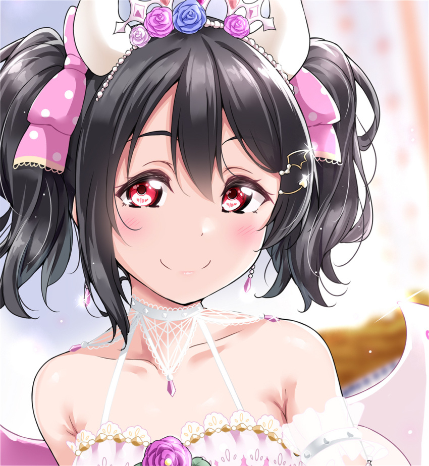 1girl bare_shoulders black_hair blue_flower blue_rose blush closed_mouth earrings flower hair_flower hair_ornament hairband highres jewelry looking_at_viewer love_live! love_live!_school_idol_project medium_hair pink_flower pink_rose portrait red_eyes rose smile solo twintails yazawa_nico yopparai_oni