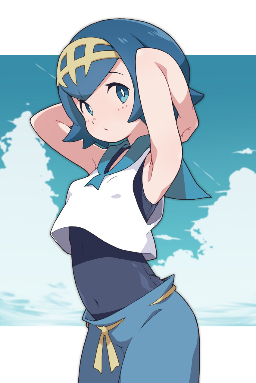 1girl armpits arms_behind_head blue_eyes blue_hair blue_sky breasts clouds covered_navel day highres lana_(pokemon) long_hair looking_at_viewer pokemon pokemon_(game) pokemon_sm short_hair sky small_breasts solo swimsuit swimsuit_under_clothes two-tone_background white_background yokoyoko_(nazonazo)