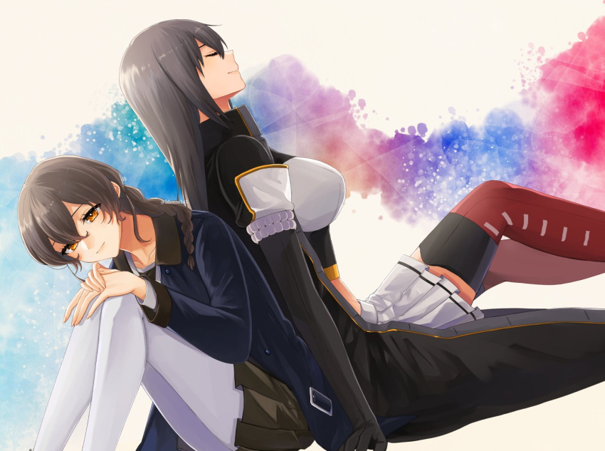 2girls back-to-back bangs black_hair black_skirt blue_jacket braid breasts brown_hair closed_eyes closed_mouth hair_between_eyes jacket kantai_collection large_breasts long_hair long_sleeves machi_(ritovoyage) multiple_girls nagato_(kancolle) orange_eyes pantyhose pleated_skirt red_legwear remodel_(kantai_collection) simple_background single_braid sitting skirt souya_(kancolle) thigh-highs twitter_username watercolor_background white_legwear white_skirt