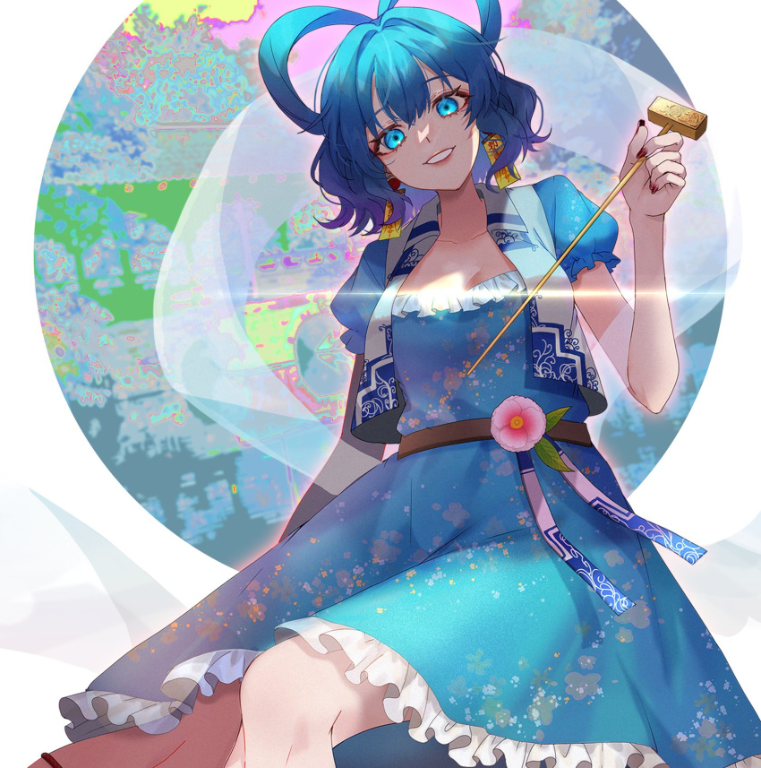 13_(spice!!) 1girl abstract_background bangs belt blue_dress blue_eyes blue_hair breasts commentary_request dress earrings eyebrows_visible_through_hair feet_out_of_frame floral_print flower frills grin hagoromo hair_intakes hair_ornament hair_rings hair_stick hand_up highres holding holding_stick jewelry kaku_seiga looking_at_viewer medium_breasts open_clothes open_vest petticoat pink_flower puffy_short_sleeves puffy_sleeves shawl short_hair short_sleeves simple_background smile solo stick touhou vest white_background white_vest